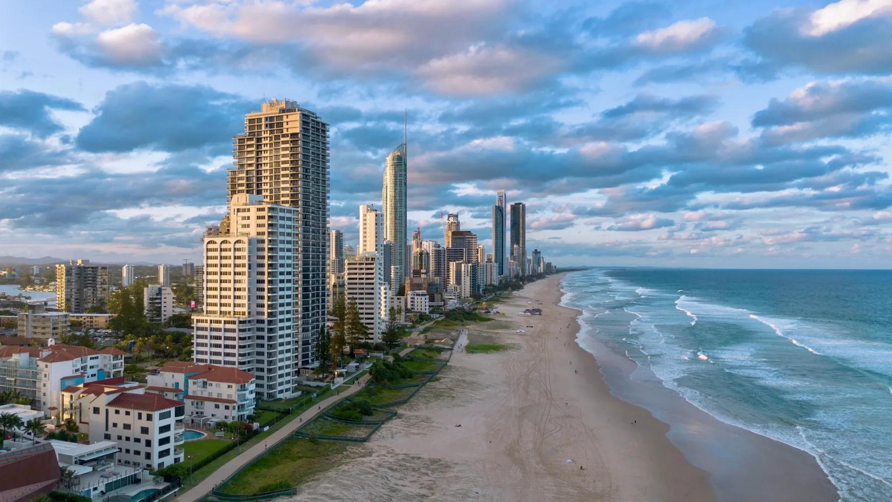 Gold Coast beachfront towers at golden hour